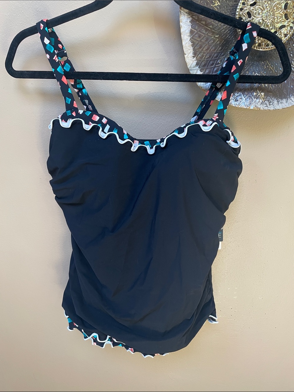Gottex Black Ruffle-Trim One-Piece Tankini top with Multicolor Straps